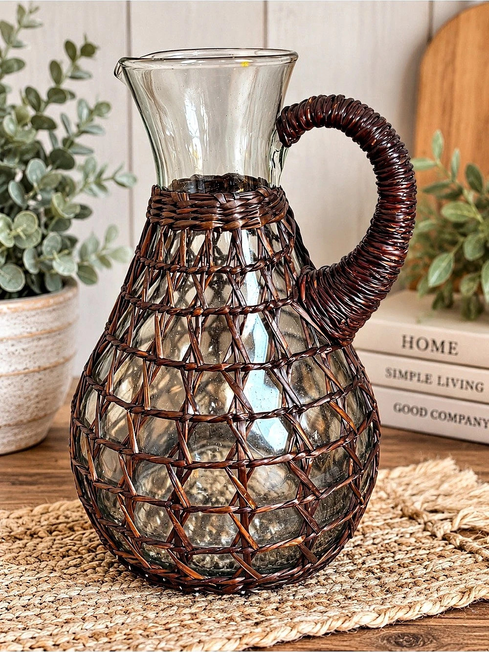 Glass Pitcher Carafe with Woven Rattan Wicker Wrap & Handle Boho Rustic